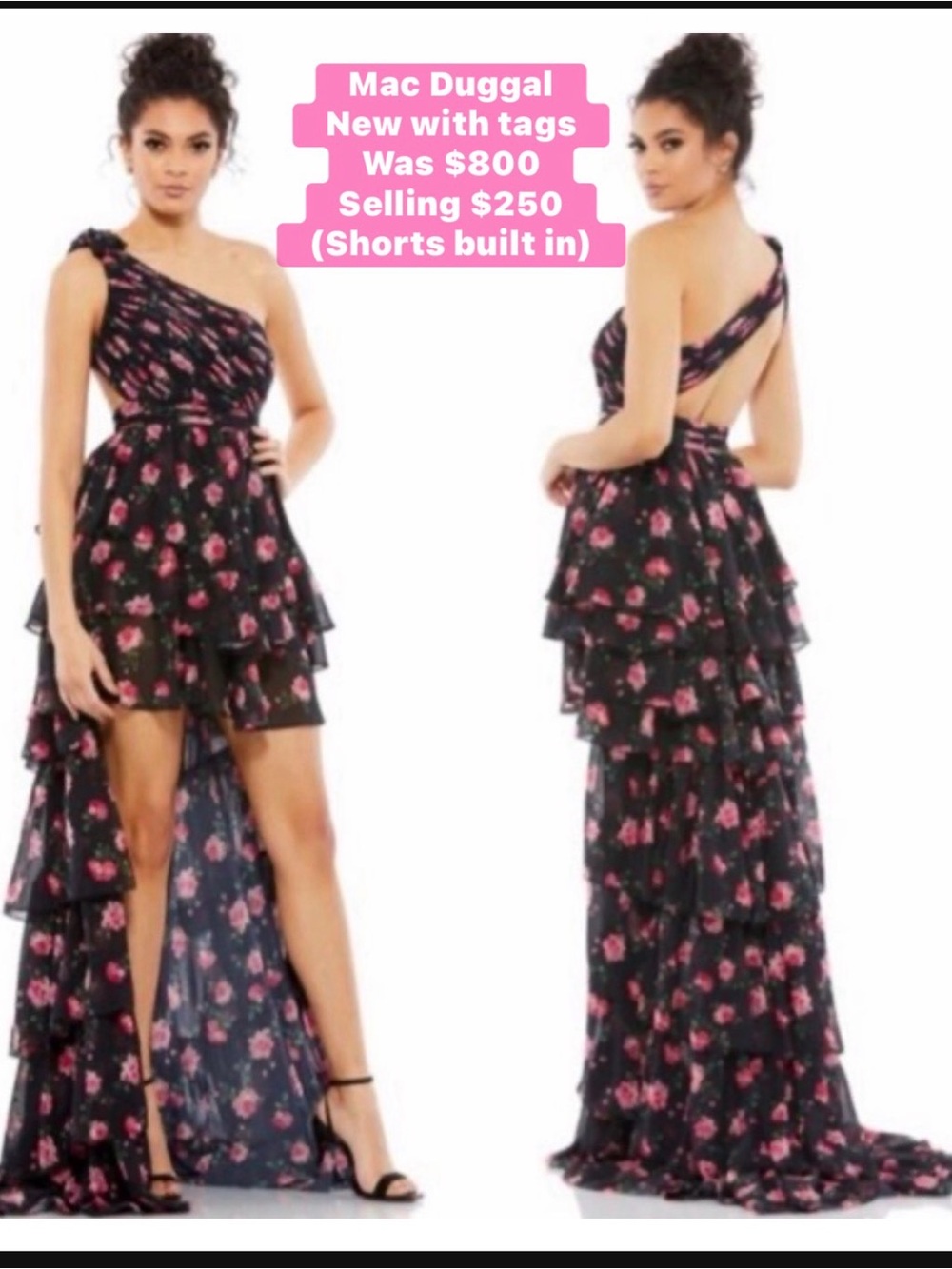 Mac Duggal Black Dress with Pink Floral Print High-Low One-Shoulder